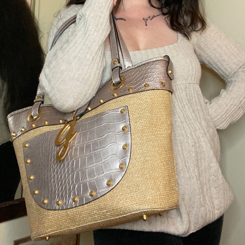 Guess Coastal Grandma Metallic Woven Oversized Tote Beach Bag